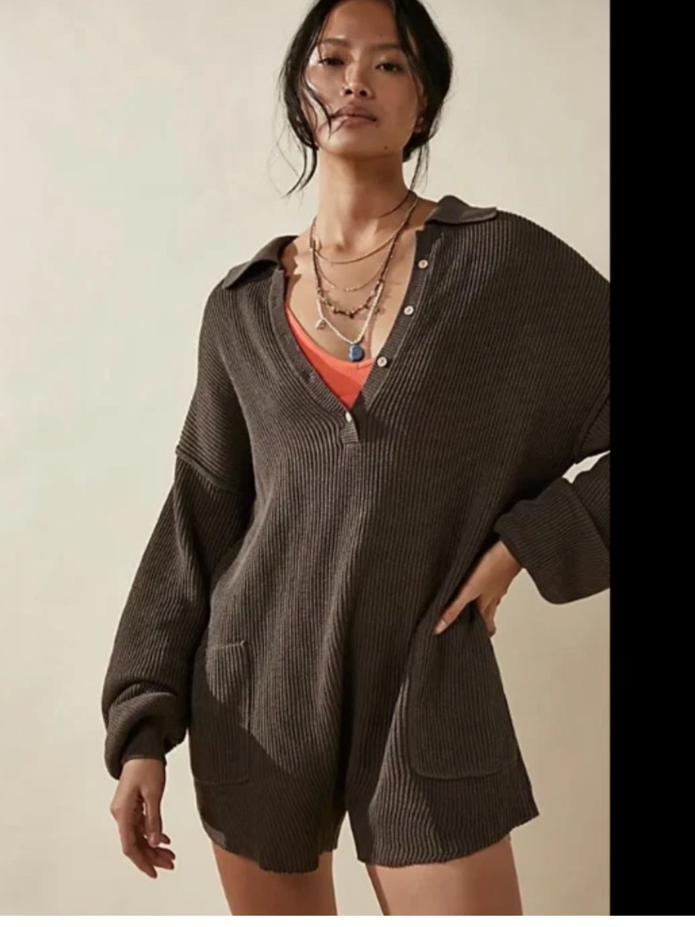Free People FP Beach Ribbed Knit Romper Oversized Pockets Purple
